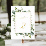 Numéro De Table Parties scintillant d'or Mariage vert botanique nu<br><div class="desc">Tableau 2. Veuillez vérifier tous les numéros disponibles. | Ce numéro de tableau mariage est composé d'une aquarelle peinte, d'une végétation d'eucalyptus et de feuilles verts avec un cadre rectangulaire, du texte et du nombre de parties scintillant en faux or. Pour une personnalisation plus avancée de cette conception, cliquez sur...</div>