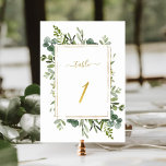 Numéro De Table Parties scintillant d'or Mariage vert botanique nu<br><div class="desc">Tableau 1. Veuillez vérifier tous les numéros disponibles. | Ce numéro de tableau mariage est composé d'une aquarelle peinte, d'une végétation d'eucalyptus et de feuilles verts avec un cadre rectangulaire, du texte et du nombre de parties scintillant en faux or. Pour une personnalisation plus avancée de cette conception, cliquez sur...</div>