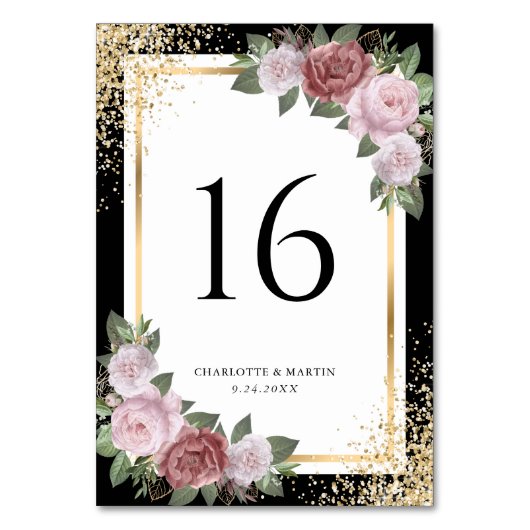 Numéro De Table Parties scintillant d'or noir Mariage floral rose (Dos)