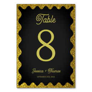 Numéro De Table Parties scintillant Noir et Or Wavy Retro Mariage