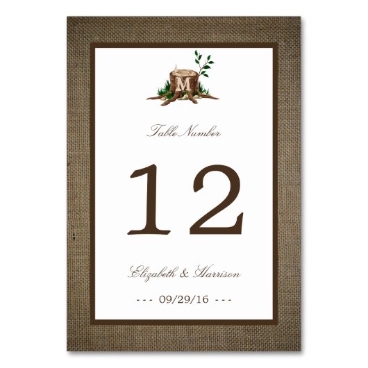 Numéro De Table Pays Russe Monogramme Arbre et Mariage de Burlap (Dos)