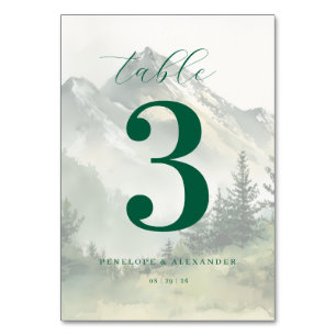 Numéro De Table Paysage de montagne à l'aquarelle verte sereine