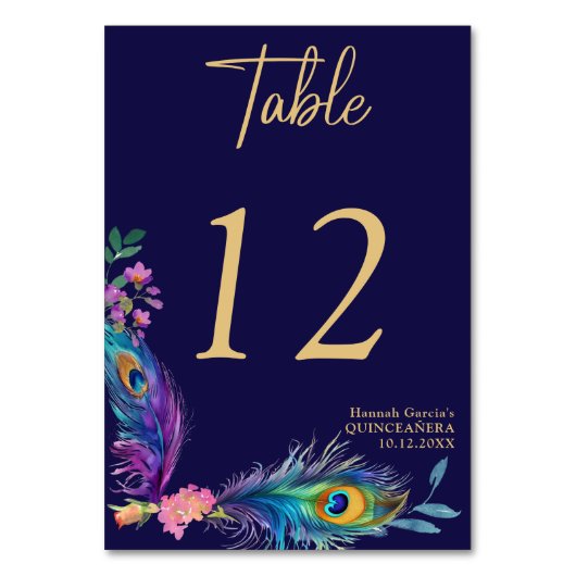 Numéro De Table Peacock Feathers & Fleurs Quinceañera (Dos)