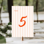 Numéro De Table Pêche et Tangerine Mariage rétro rayé<br><div class="desc">Nous vous présentons nos charmants numéros de table de mariage de pêche et de mandarine, conçus pour ajouter une touche de charme rétro à votre journée spéciale. Les bandes de pêche douces servent de décor magnifique, complétées par la dynamique calligraphie rétro tangerine qui ajoute une pop de couleur et de...</div>