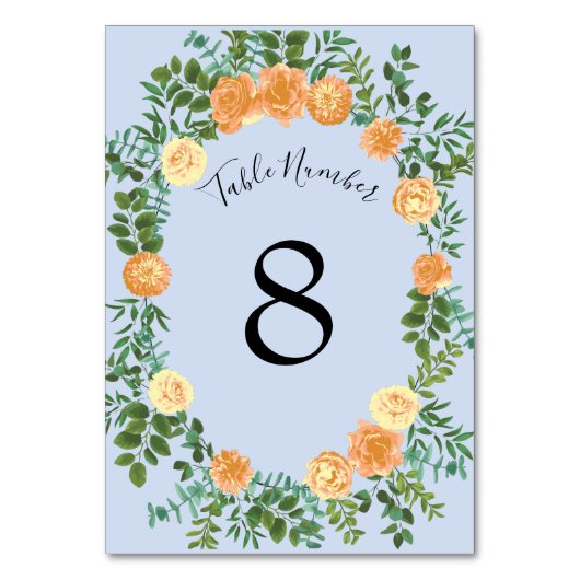 Numéro De Table Pêcher bleu clair Mariage Roses Floral (Dos)