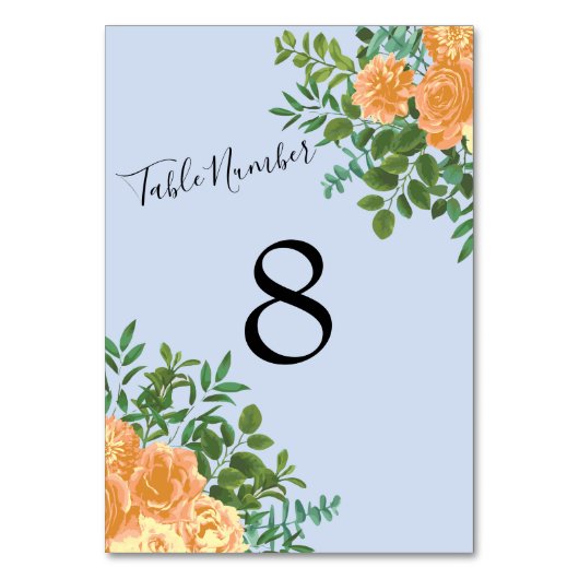 Numéro De Table Pêcher bleu clair Mariage Roses Floral (Dos)