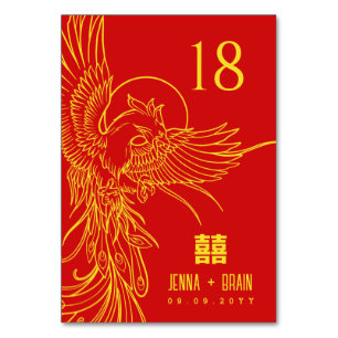 Numéro De Table Phoenix Thème Double Bonheur Or sur rouge