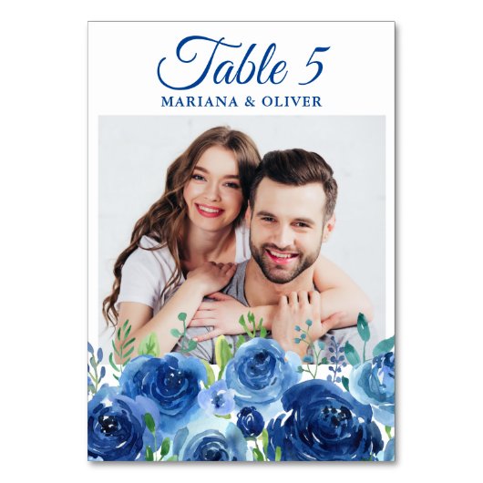 Numéro De Table Photo Marine Blue Floral Mariage Numéro de tableau (Par défaut)
