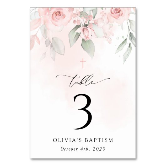 Numéro De Table Pink Flowers, Greenery, Baptism Table Numbers (Dos)