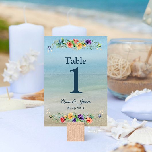 Numéro De Table Plage Océan Aquarelle Mariage Floral