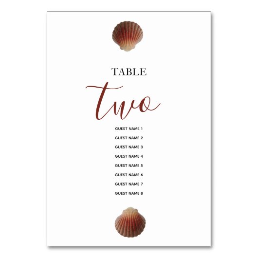 Numéro De Table Plage Seashell Clams Mariage Nom des invités (Dos)