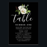 Numéro De Table Plan de table pour invités de mariage floral blanc<br><div class="desc">Plan de table et numéro de table de mariage DIY élégant. Il commence par un fond noir profond qui encadre le design blanc. Un bouquet floral de rose blanche est assis en haut de la carte de numéro de table qui comporte également les noms des invités. "Table" est écrit dans...</div>