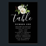 Numéro De Table Plan de table pour invités de mariage floral blanc<br><div class="desc">Plan de table et numéro de table de mariage DIY élégant. Il commence par un fond noir profond qui encadre le design blanc. Un bouquet floral de rose blanche est assis en haut de la carte de numéro de table qui comporte également les noms des invités. "Table" est écrit dans...</div>