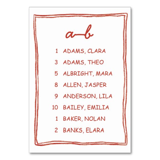 Numéro De Table Playful Red Doodle Alphabet Seating Chart (Par défaut)