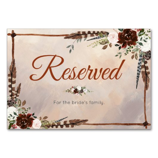 Numéro De Table Plumes rustiques de bois et fleurs florales (Devant)