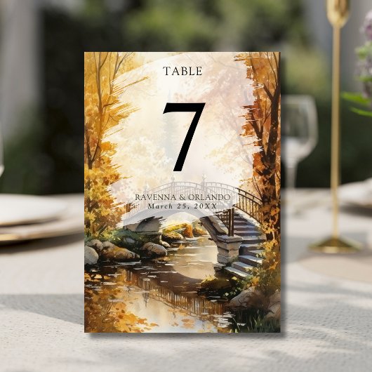 Numéro De Table Pont de pierre rustique d'automne de mariage de ri