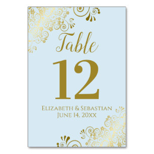 Numéro De Table Poudre Bleu & Or Dentelle Élégante Mariage