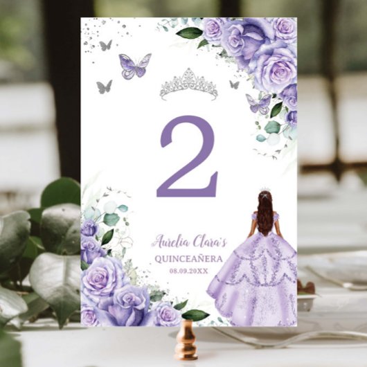 Numéro De Table Princesse Fleurie Violette Argentée Quinceañera XV