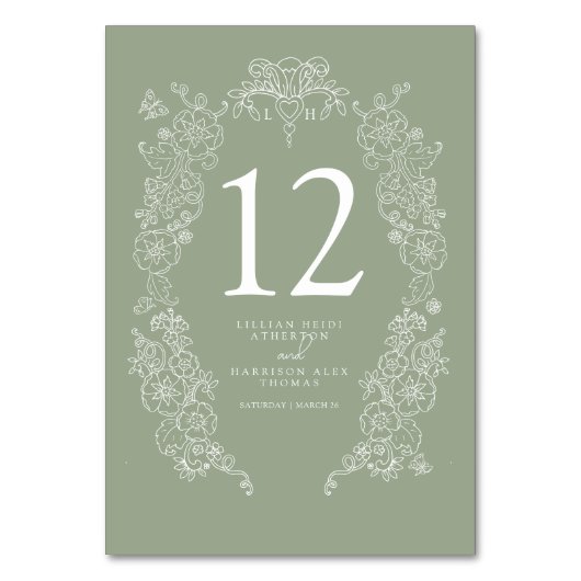 Numéro De Table Printemps Fleur de lis mariage sauge vert blanc (Dos)