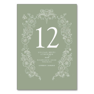 Numéro De Table Printemps Fleur de lis mariage sauge vert blanc