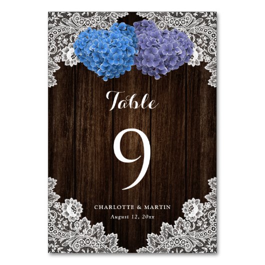 Numéro De Table Purple Blue Floral Lace Rustic Wood (Par défaut)