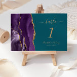 Numéro De Table Purple Gold Agate Turquoise Mariage<br><div class="desc">Le bord gauche de cette élégante carte de numéro de table mariage moderne comporte une bordure d'aquarelle violette ornée d'une parties scintillant en faux or. Le texte personnalisable combine écriture manuscrite de couleur or,  et polices italique et cuivre sur un arrière - plan bleu turquoise.</div>