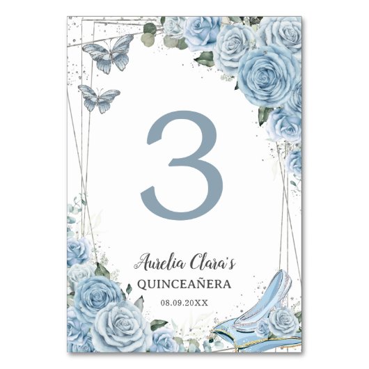 Numéro De Table Quinceañera Bleu Floral Princesse Cendrillon (Dos)