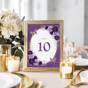 Numéro De Table Quinceanera d'or violet papillon floral Anniversai