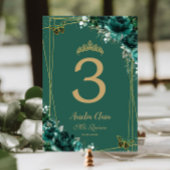 Numéro De Table Quinceañera Emerald Green Floral Gold Butterflies