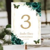 Numéro De Table Quinceañera Emerald Green Floral Gold Butterflies