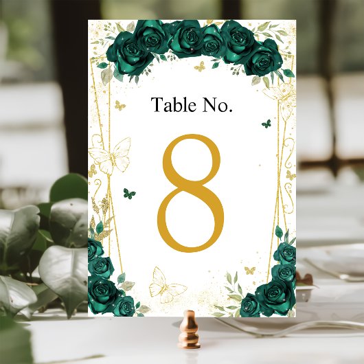 Numéro De Table Quinceañera Emerald Green Floral Papillons