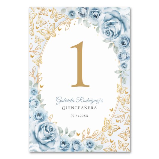 Numéro De Table Quinceanera Fleur Bleu Pâle Or (Par défaut)