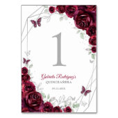 Numéro De Table Quinceanera Fleurs Argent Bourgogne (Dos)