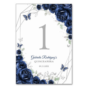 Numéro De Table Quinceanera Fleurs Argent Navy
