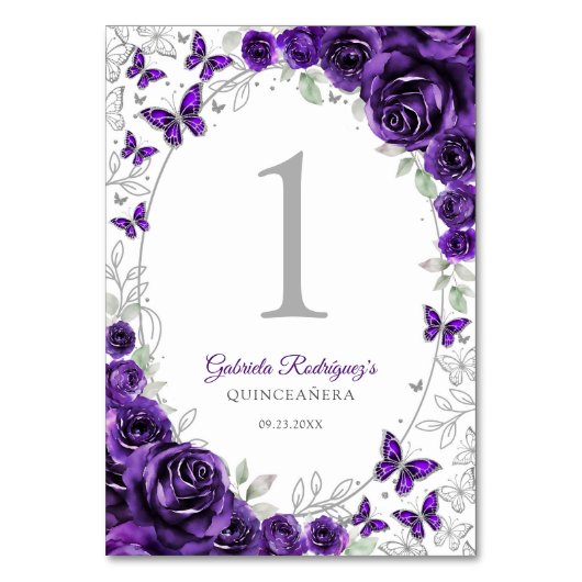Numéro De Table Quinceanera Fleurs Violet Argent (Par défaut)