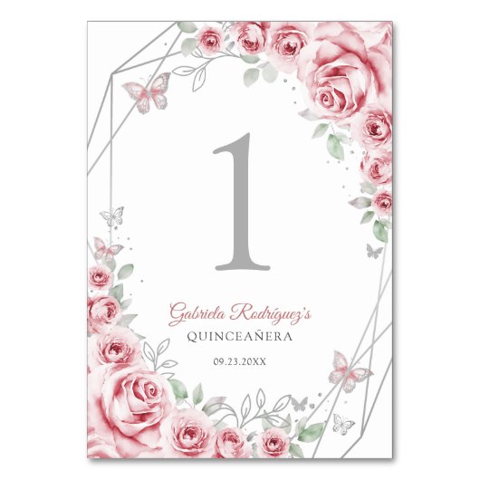 Numéro De Table Quinceanera Floral Argent Rose (Par défaut)