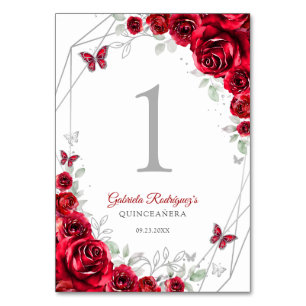 Numéro De Table Quinceanera Florale Argent Rouge