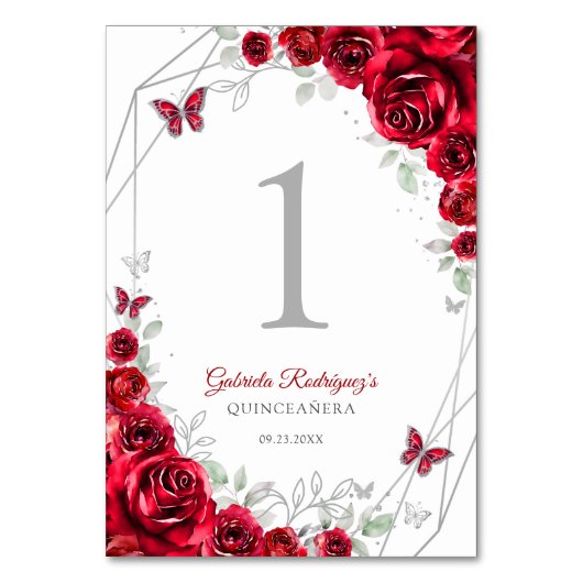Numéro De Table Quinceanera Florale Argent Rouge (Par défaut)