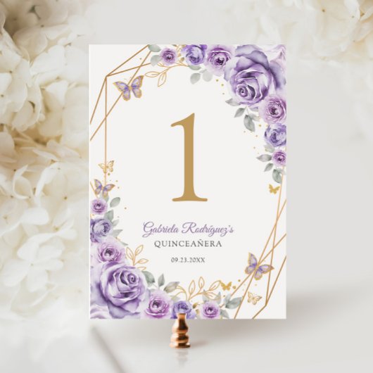 Numéro De Table Quinceanera Florale d'or violet Lilac