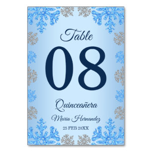Numéro De Table Quinceañera Ice Blue Silver Winter Snowflake