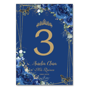Numéro De Table Quinceañera Royal Blue Floral Gold Butterflies
