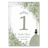 Numéro De Table Quinceañera Sage Vert Floral Argent Robe fille (Dos)
