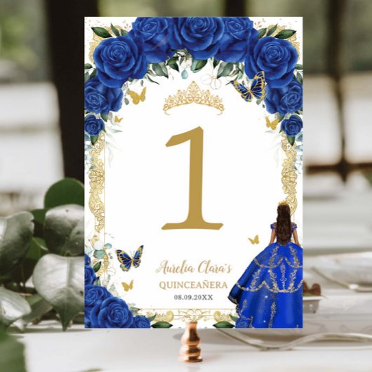 Numéro De Table Quinceañera XV Robe Royale Bleue Florale Or