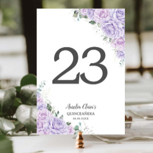 Numéro De Table Quinceanera XV Roses de Lilas Violettes Floral Arg