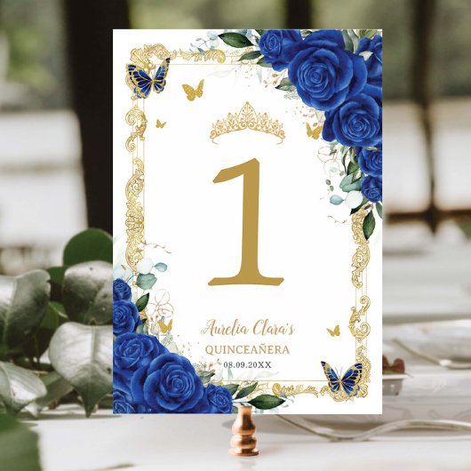 Numéro De Table Quinceañera XV Royal Blue Floral Papillons d'or