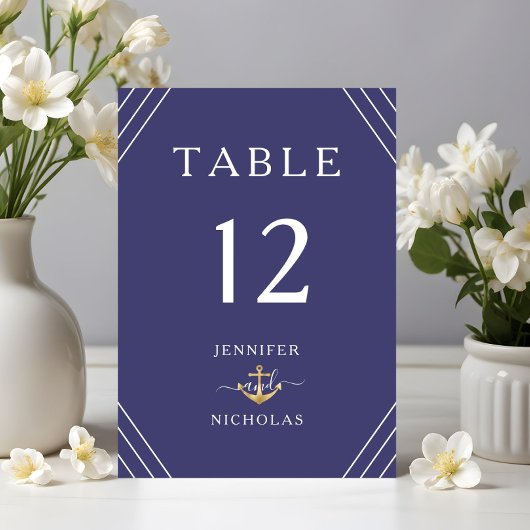 Numéro De Table Rayures nautiques Ancre dorée Mariage bleu marine