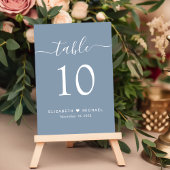 Numéro De Table Réception de mariage Chic Script Bleu Poussiéreux