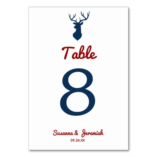 Numéro De Table Réception de mariage rustique rouge et bleu Buck D (Dos)