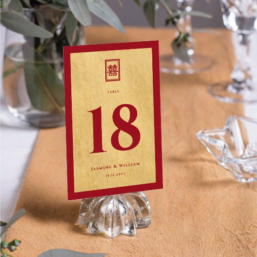 Numéro De Table Rectangle classique Double Xi Mariage chinois d'or