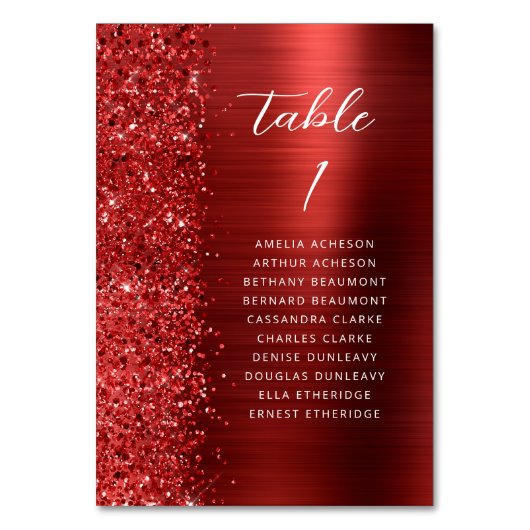 Numéro De Table Red Glam Glitter Metallic Script Wedding (Dos)